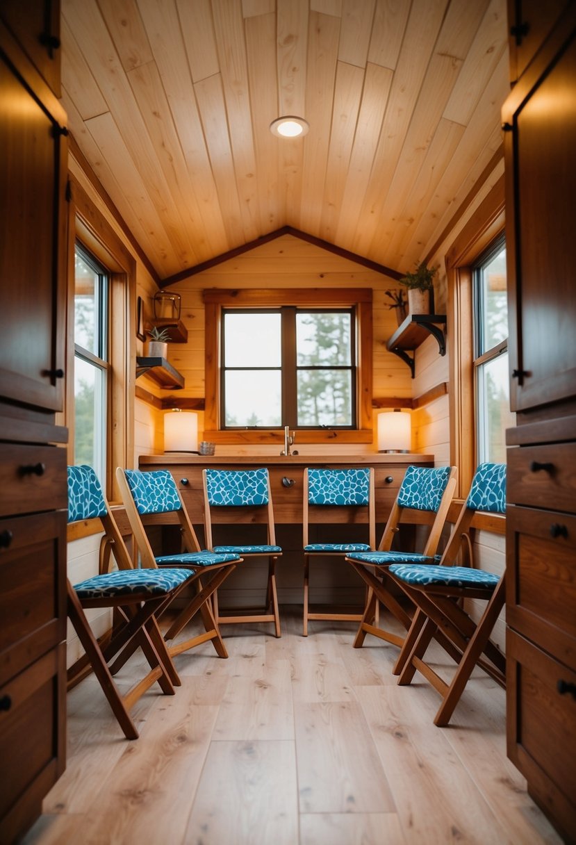 Folding chairs arranged in a cozy tiny house interior
