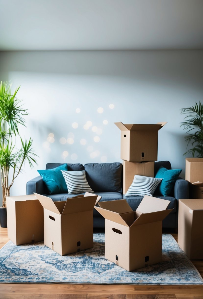 A cluttered living room with compact furniture being packed into cardboard boxes
