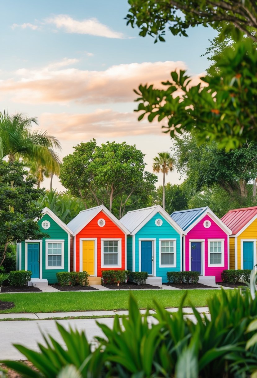 A Tiny Home Community Debuts in Tampa, Offering Affordable Living Options 2 A cluster of colorful tiny homes nestled among lush greenery in a sunny Tampa neighborhood