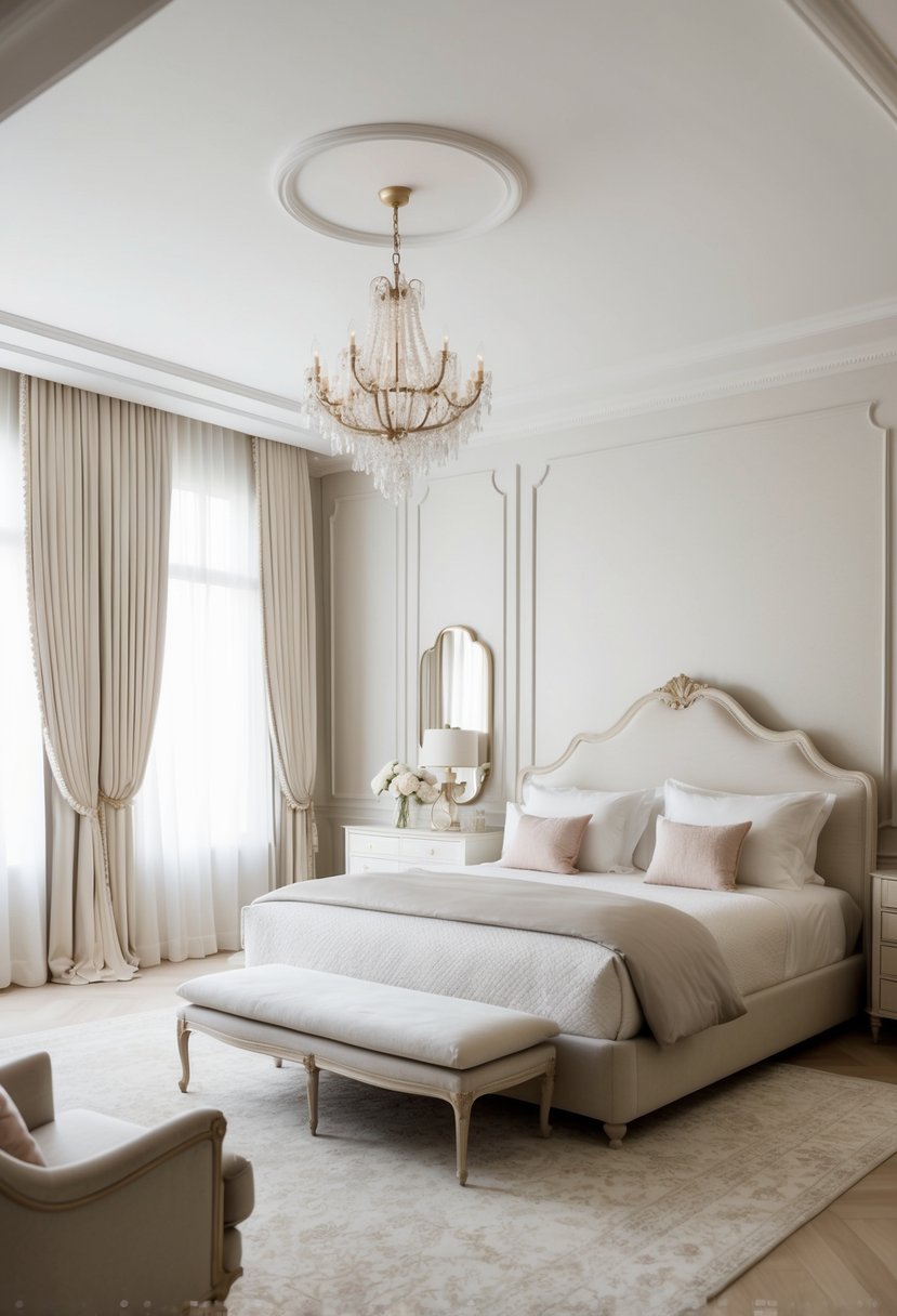 A luxurious bedroom with a soft, neutral color palette, elegant furniture, and delicate decorative accents