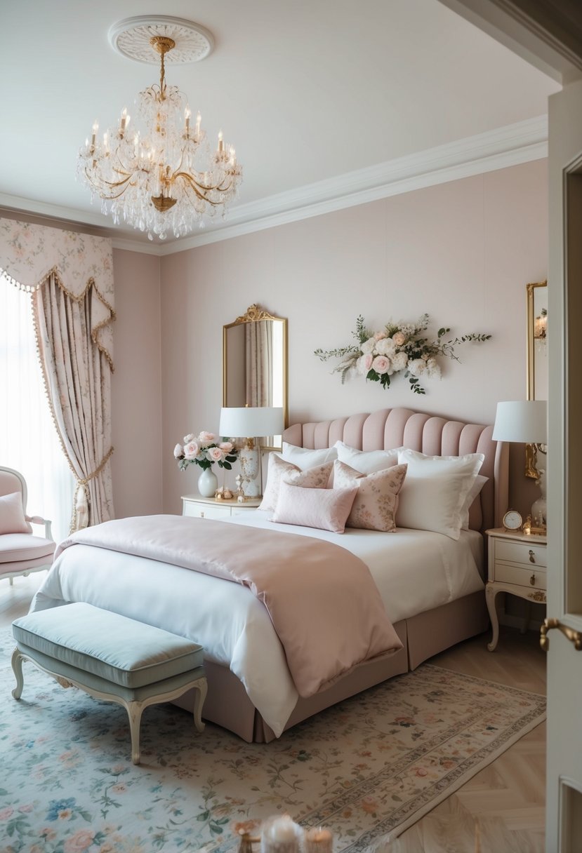 A luxurious bedroom with a soft color palette, elegant furniture, and feminine accents like floral patterns and delicate decor