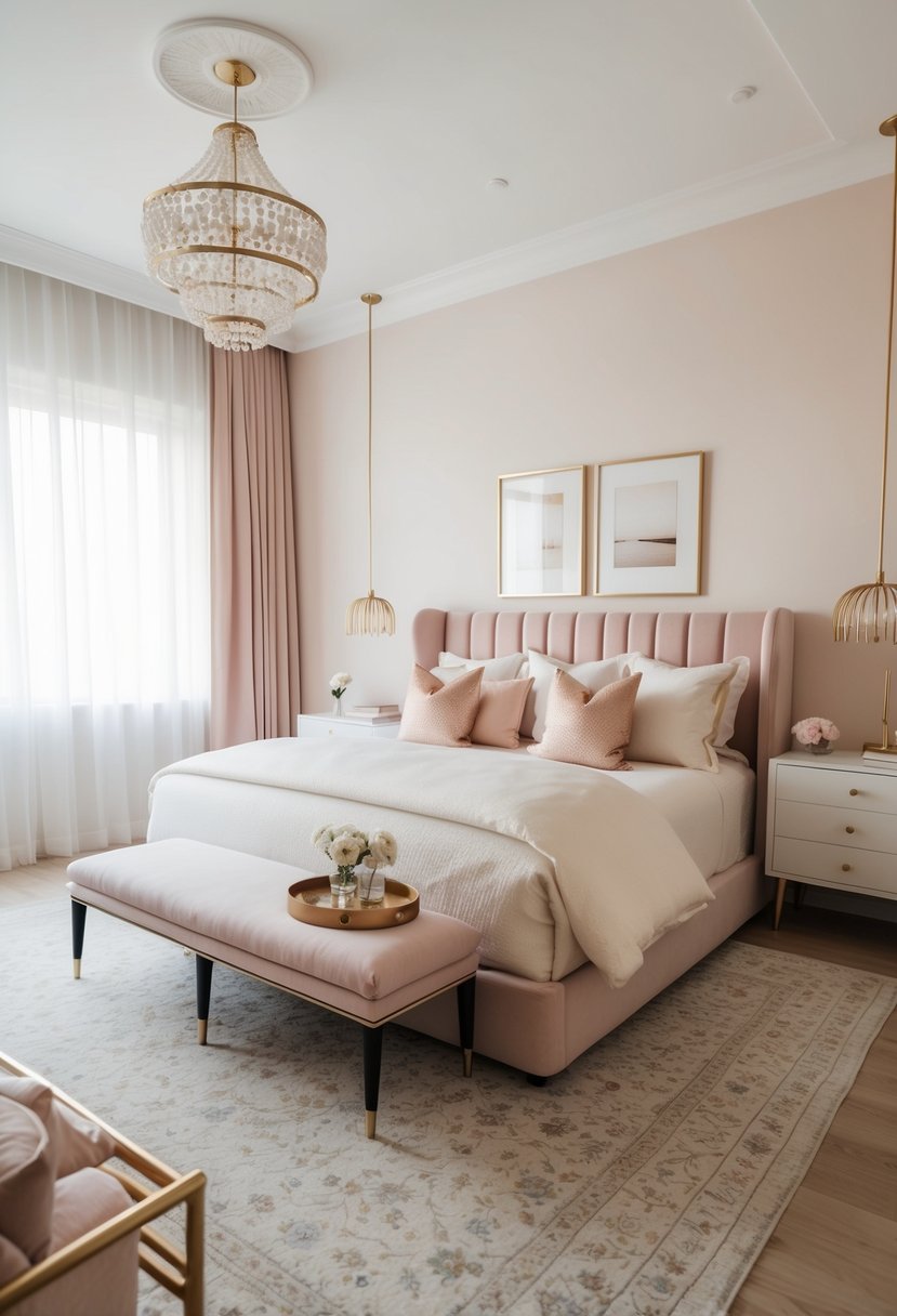 A modern, elegant bedroom with soft pastel colors, chic furniture, and stylish decor