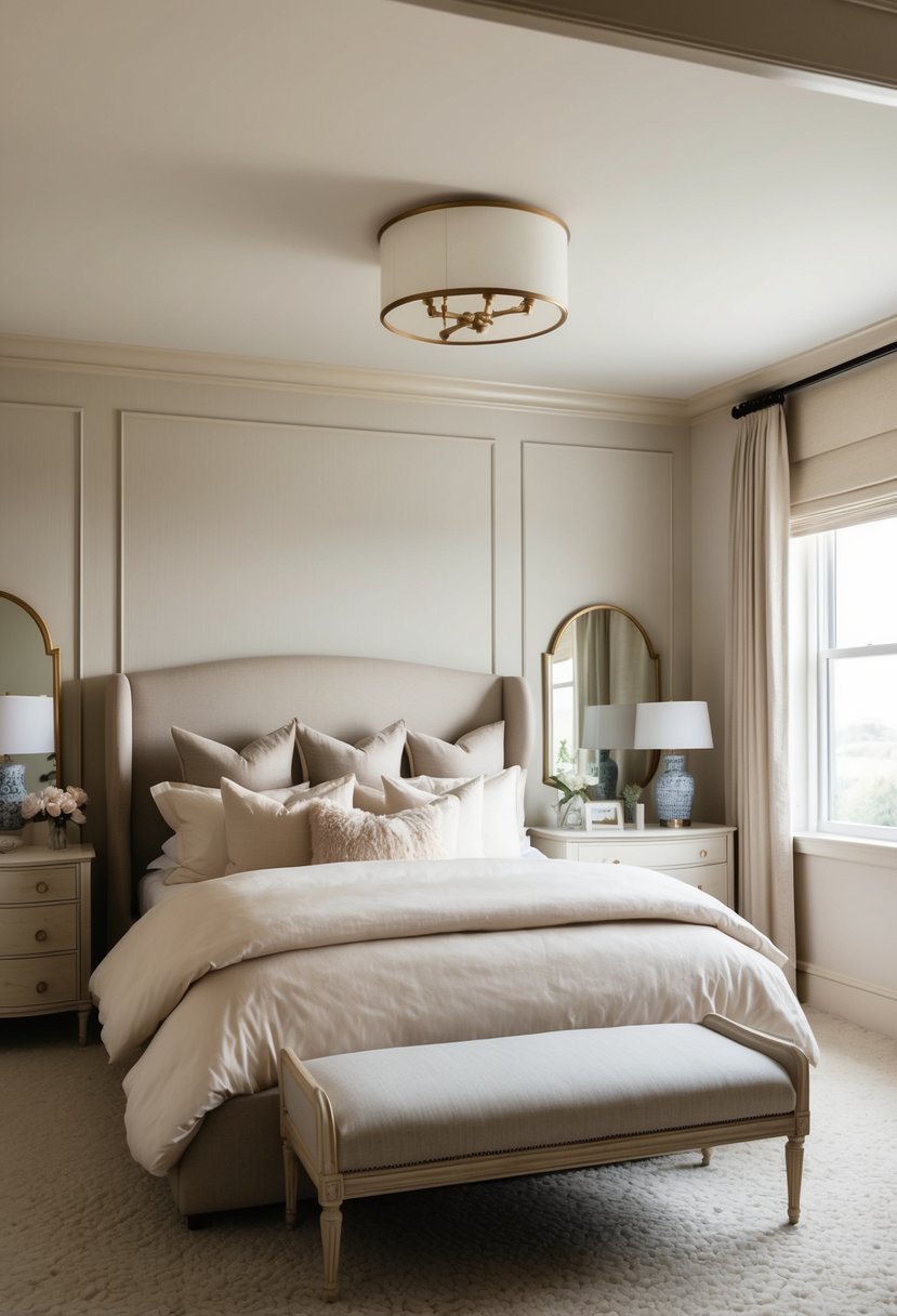 A cozy, classy bedroom with a soft, neutral color palette, plush bedding, elegant furniture, and tasteful decor