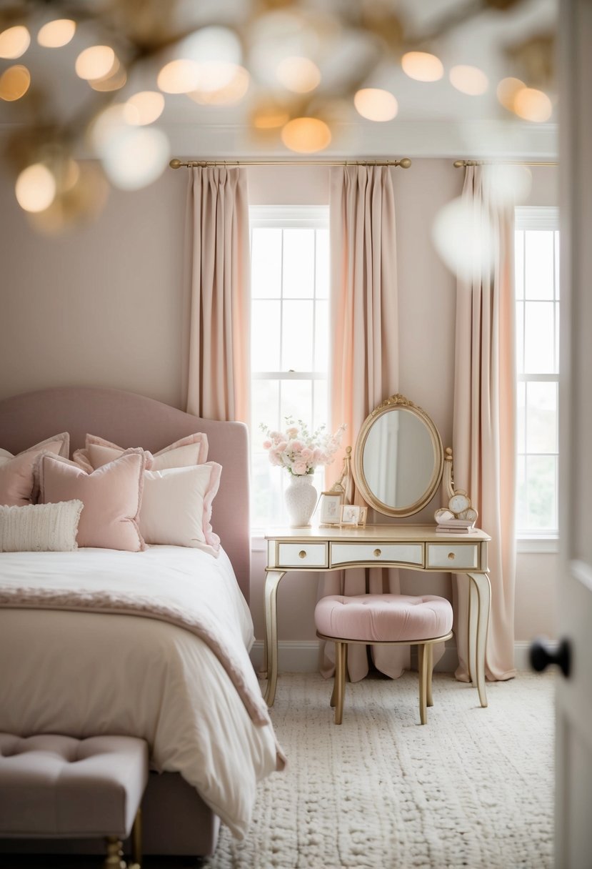 A cozy, elegant bedroom with soft, pastel colors, plush bedding, and stylish decor accents like a vanity table and a decorative mirror