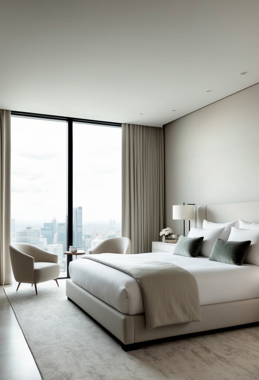 A sleek, minimalist bedroom with a neutral color palette, elegant furniture, and soft, luxurious textiles
