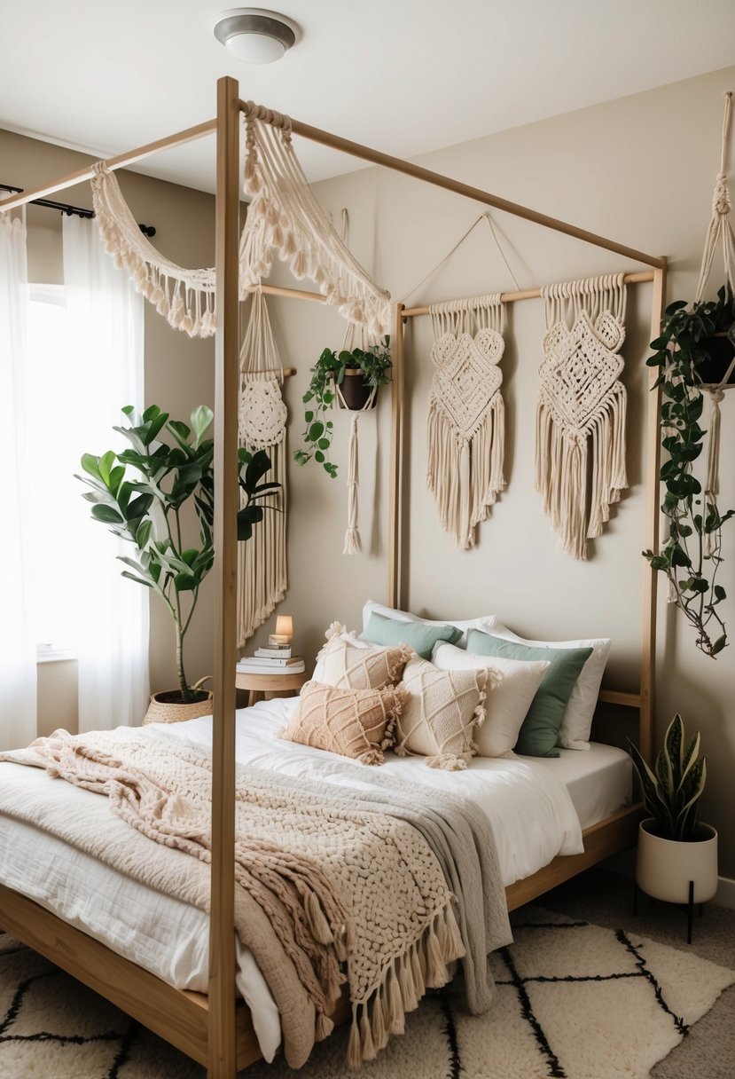 A cozy boho bedroom with a canopy bed, layered textiles, macramé wall hangings, and potted plants creating a serene and stylish space for women