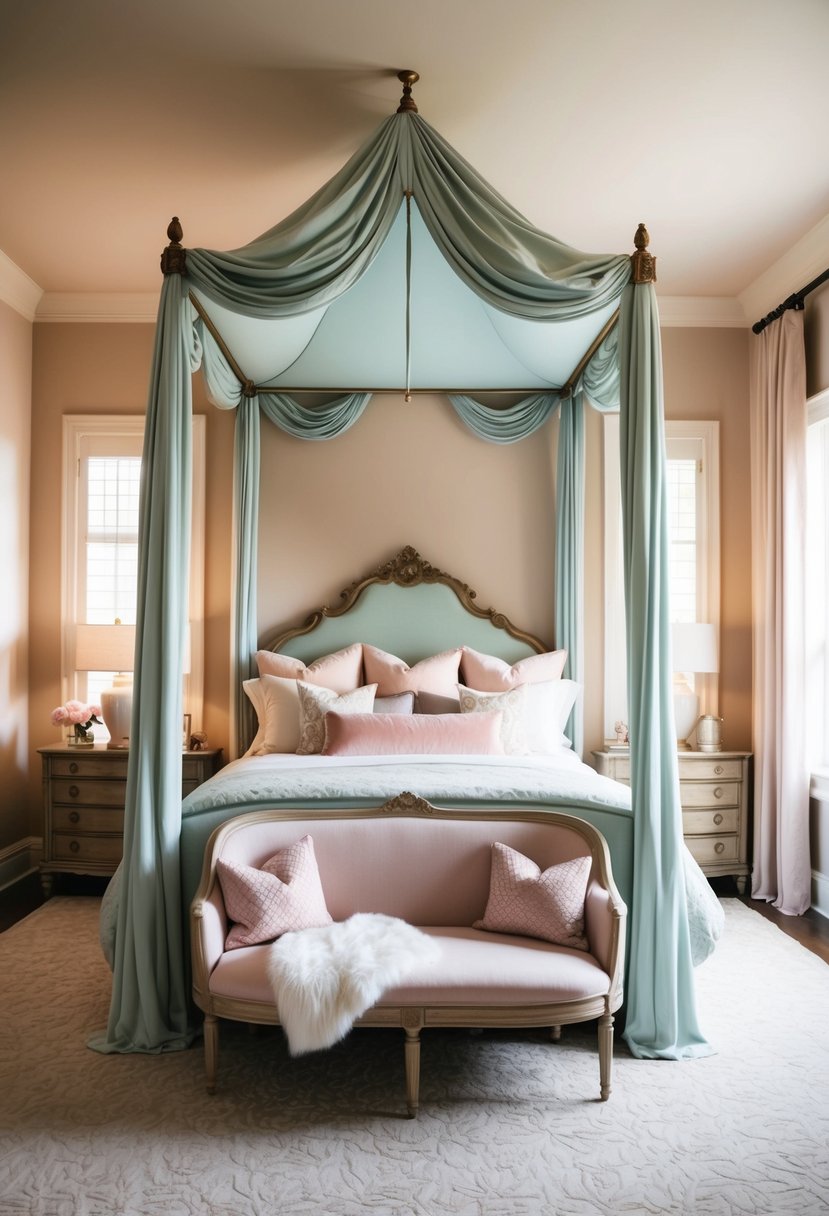 A cozy bedroom with a large canopy bed, soft pastel colors, plush pillows, and elegant decor