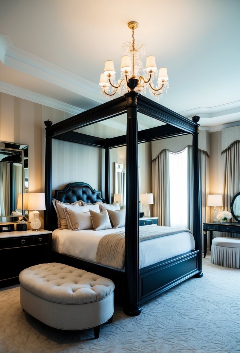 A spacious bedroom with a luxurious canopy bed, elegant chandelier, plush seating area, and a large vanity with a mirror