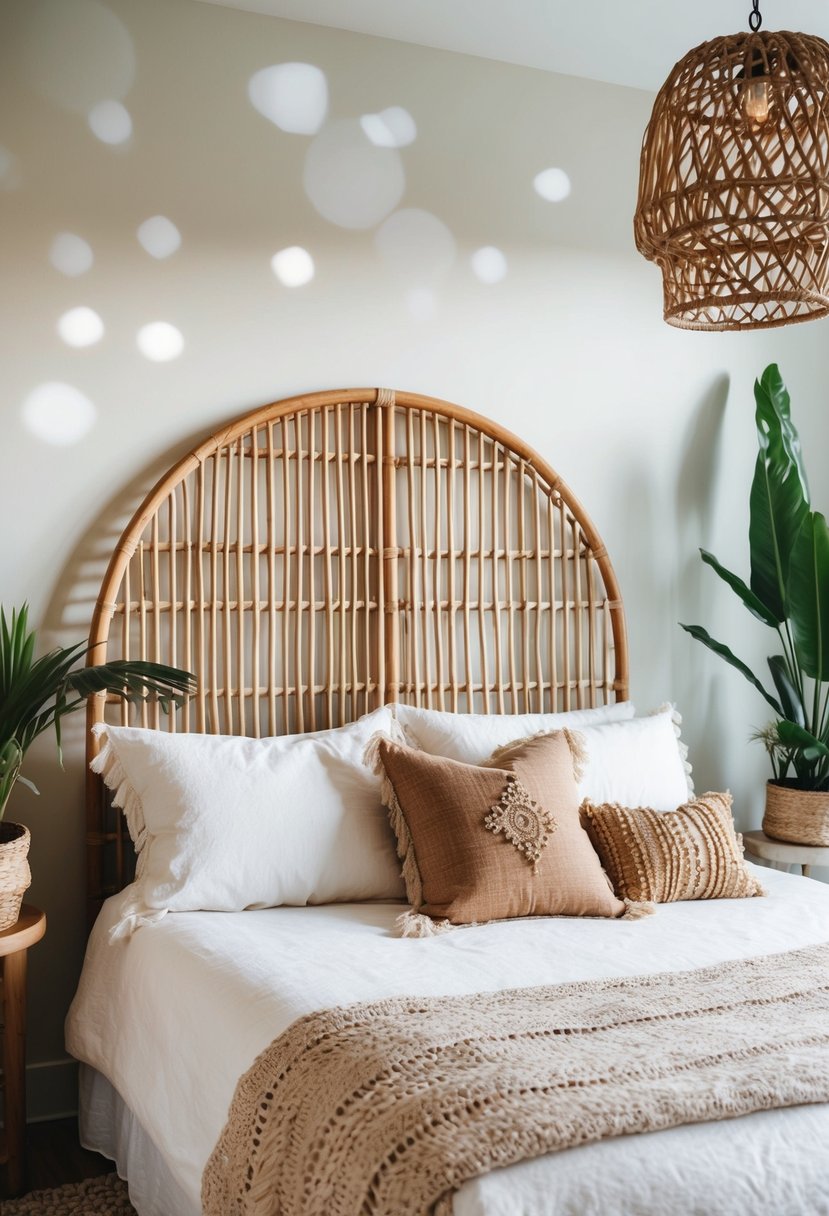 A bohemian rattan headboard anchors a serene bedroom with eclectic decor and natural textures, including woven textiles and potted plants