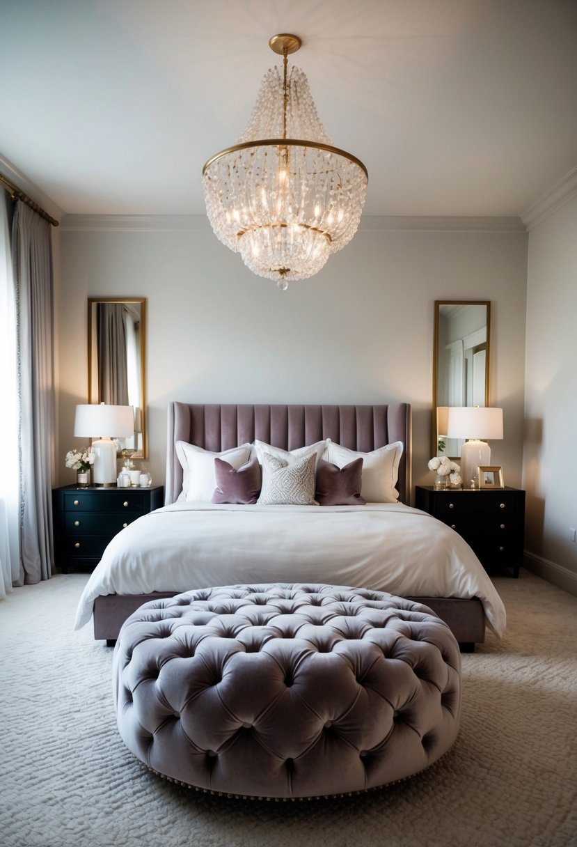 A luxurious velvet tufted ottoman sits in the center of a sophisticated bedroom, surrounded by elegant decor and soft lighting