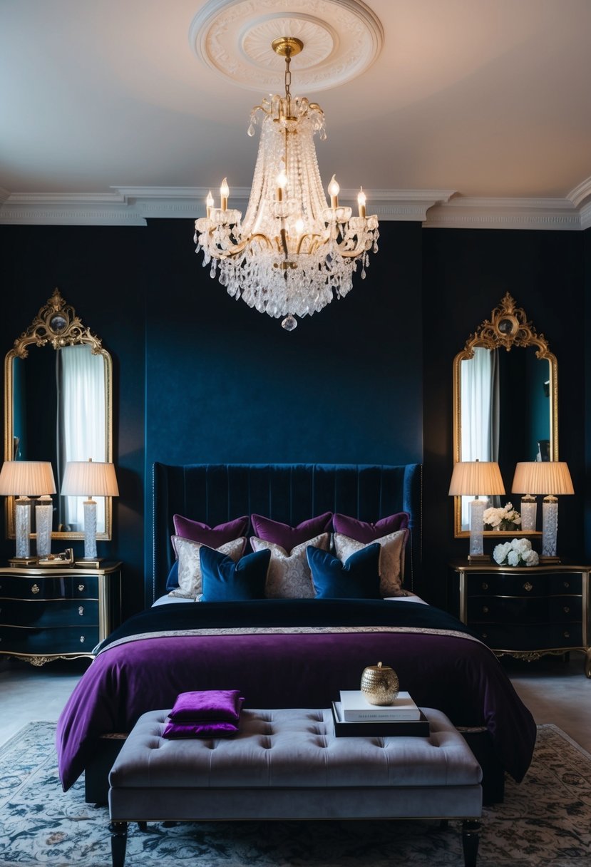 A luxurious, dark bedroom with a plush velvet headboard, rich jewel-toned bedding, elegant chandelier, and ornate mirrors