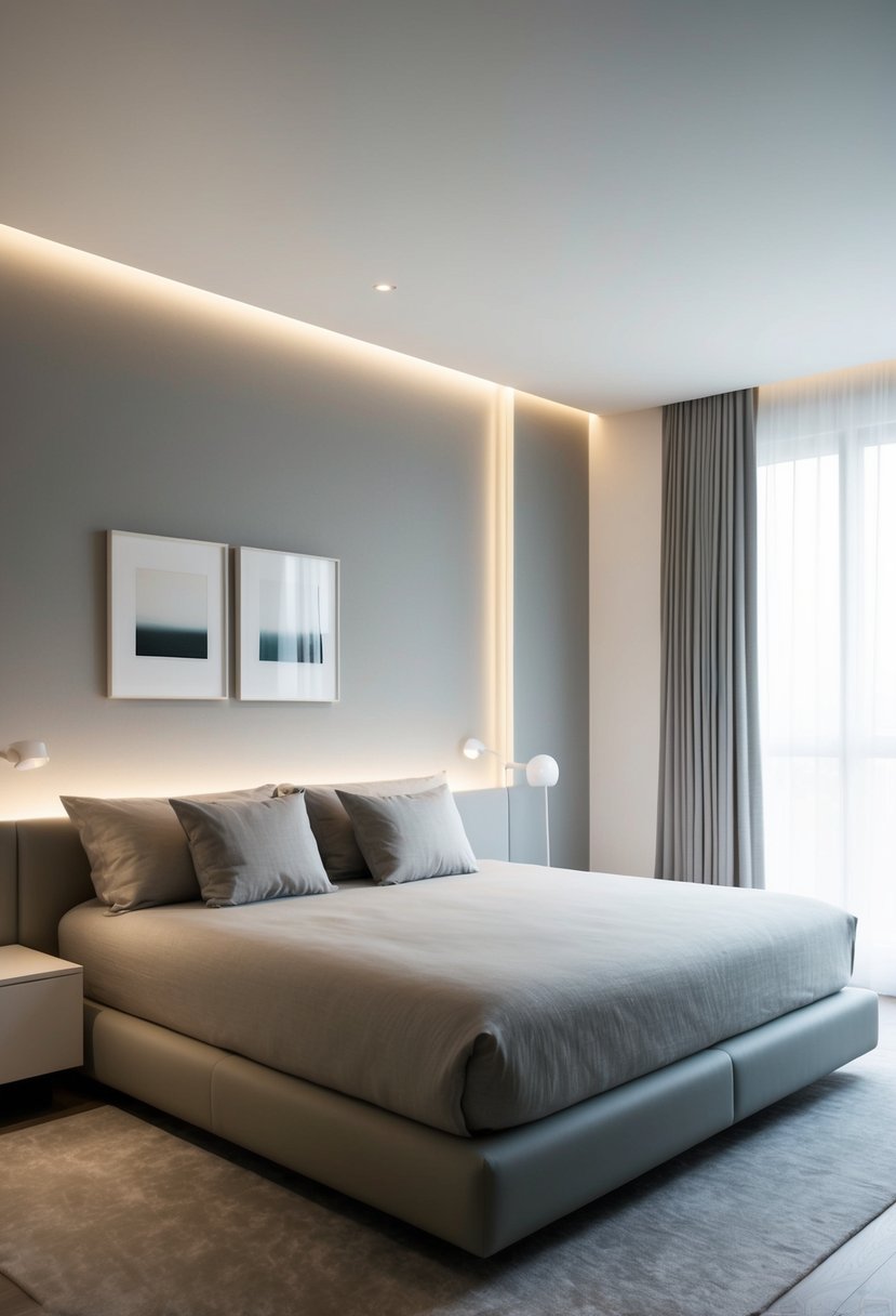 A sleek, uncluttered bedroom with neutral tones, clean lines, and minimal furniture. A large, unmade bed sits against a feature wall with simple artwork