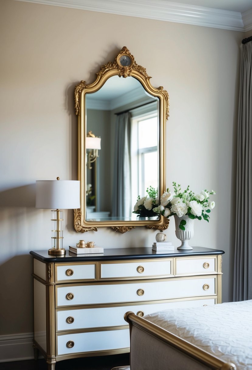 A vintage gold accent mirror hangs above a stylish dresser in a sophisticated bedroom. The room is adorned with elegant decor and luxurious furnishings