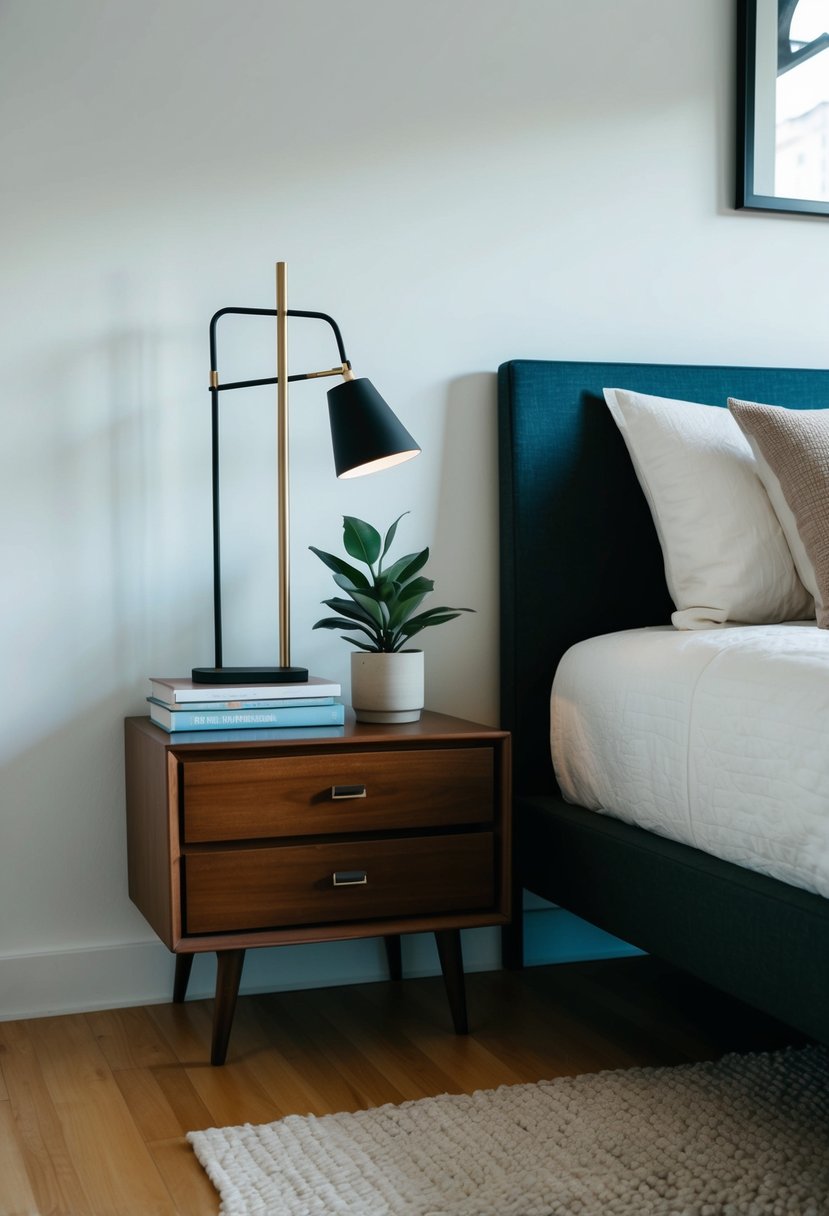 A sleek mid-century modern nightstand sits beside a platform bed, adorned with a minimalist lamp, potted plant, and a stack of books