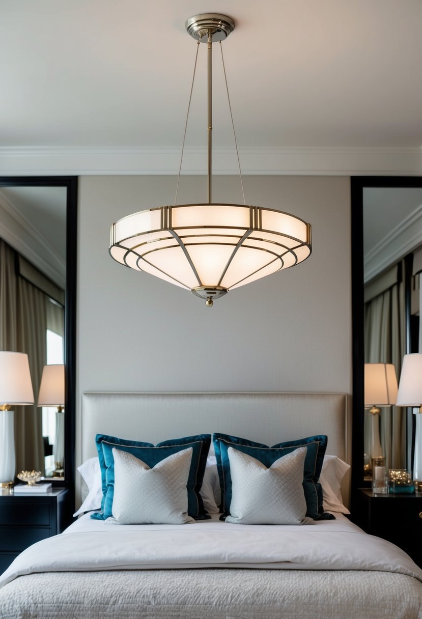 A sleek Art Deco pendant light hangs above a luxurious bedroom with elegant furnishings and a sophisticated color palette
