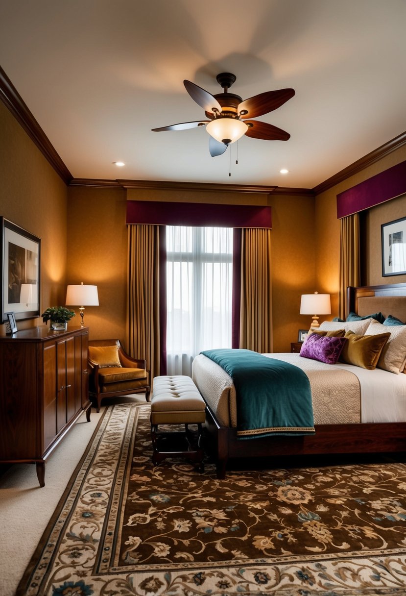 A bedroom with warm earth tones, rich wood furniture, and luxurious fabrics. Accent colors in deep jewel tones add sophistication and elegance to the mature look