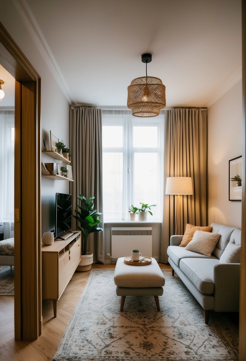 An inviting one-bedroom apartment with cozy furnishings, soft lighting, and a mix of modern and vintage decor. A small indoor plant adds a touch of greenery to the space