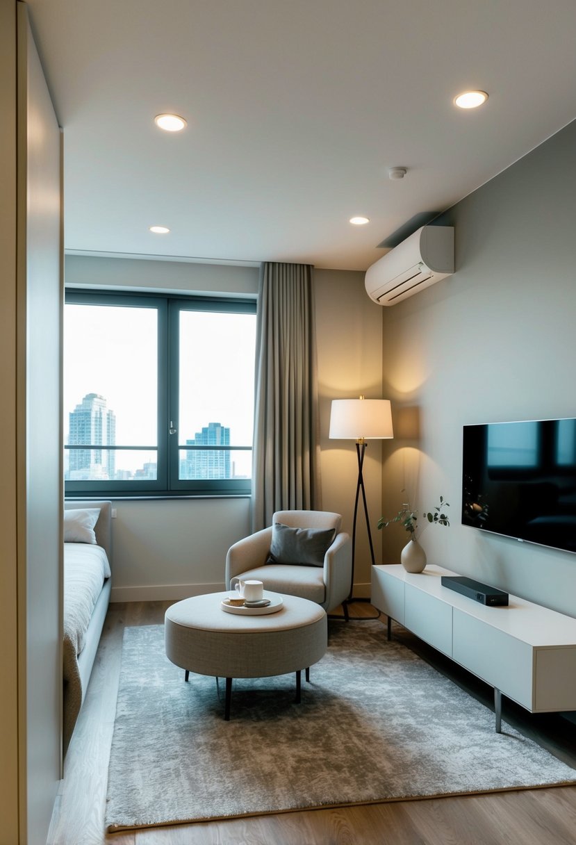 A cozy one-bedroom apartment with a modern, minimalist design. A neutral color palette, sleek furniture, and strategic lighting create a stylish and inviting space