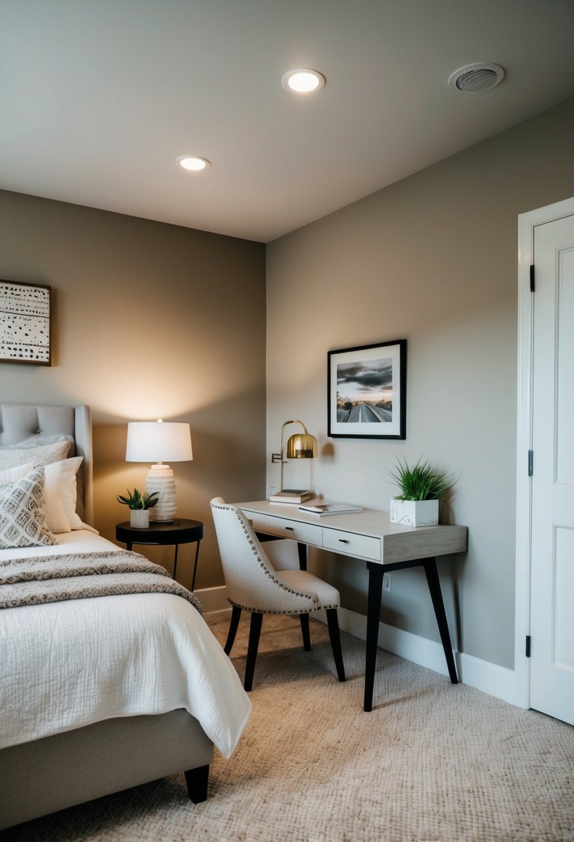A cozy bedroom with a neutral color palette, a comfortable bed with decorative throw pillows, a small desk area with a stylish chair, and wall art