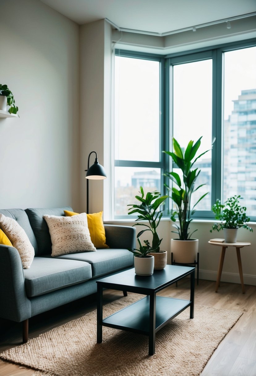 A cozy one-bedroom apartment with a modern sofa, coffee table, and potted plants. A large window lets in natural light, illuminating the space