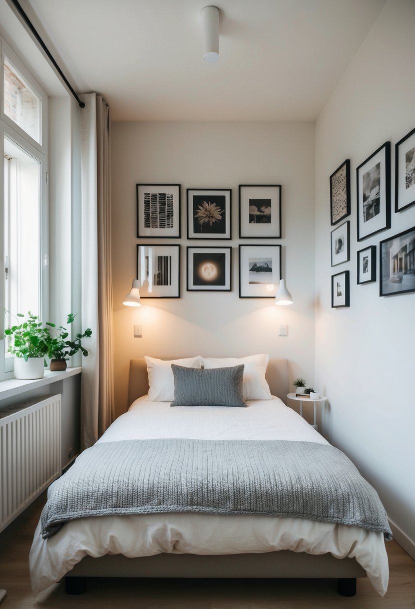 A cozy bedroom in a small apartment, with a minimalist bed, soft lighting, and a gallery wall of artwork