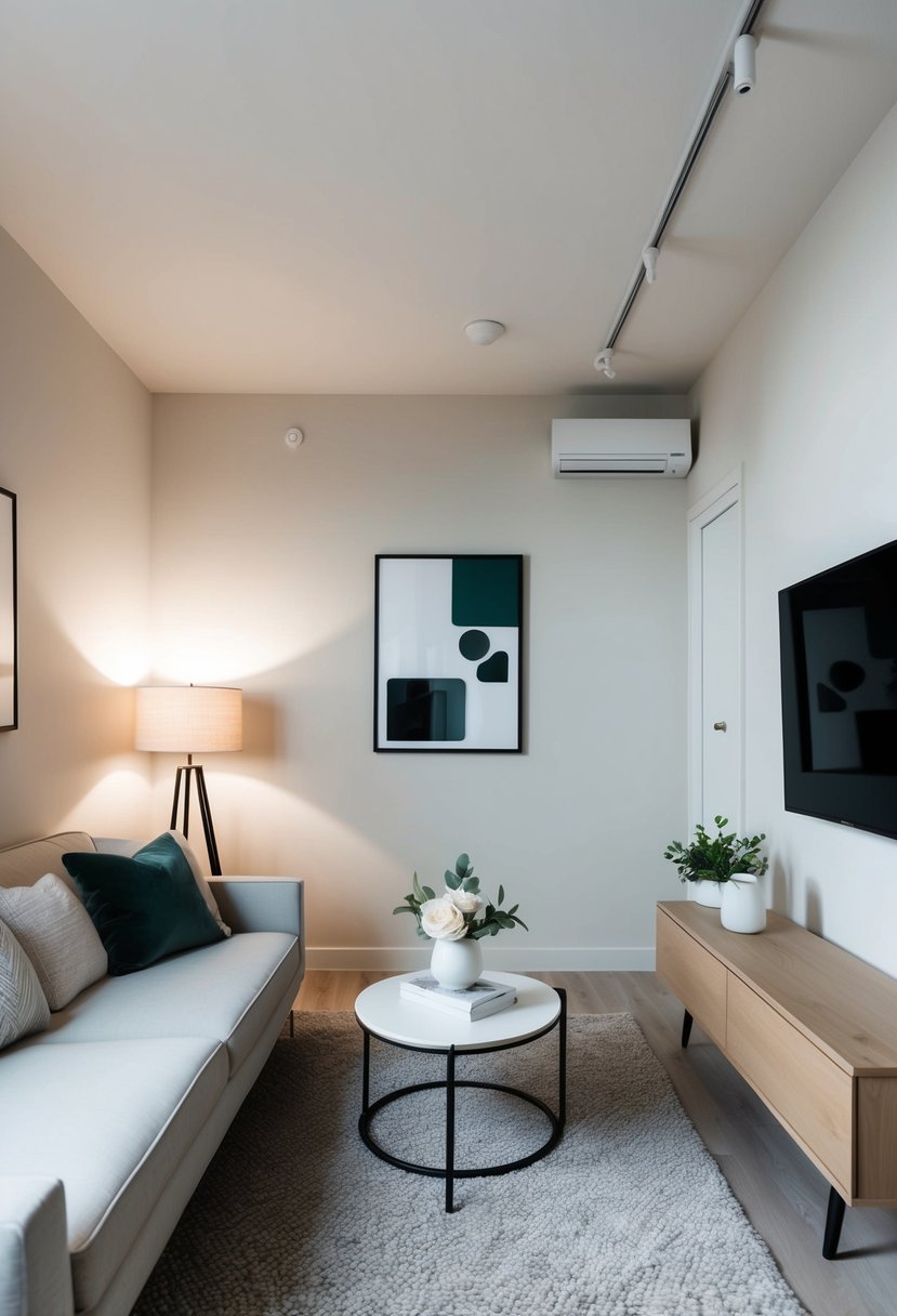 A cozy one-bedroom apartment with a minimalist decor. A neutral color palette, sleek furniture, and strategically placed wall art create a modern and inviting atmosphere