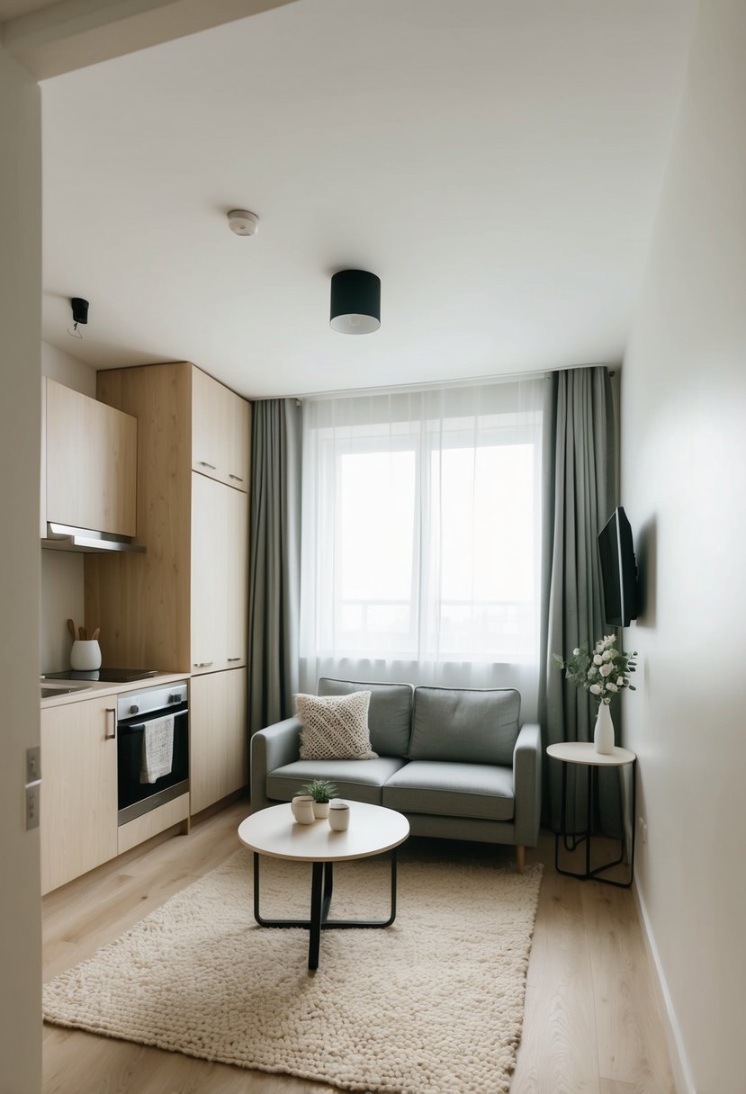 A cozy one-bedroom apartment with a minimalist design. A small living area with a comfortable sofa and coffee table, a compact kitchen, and a bedroom with a neatly made bed