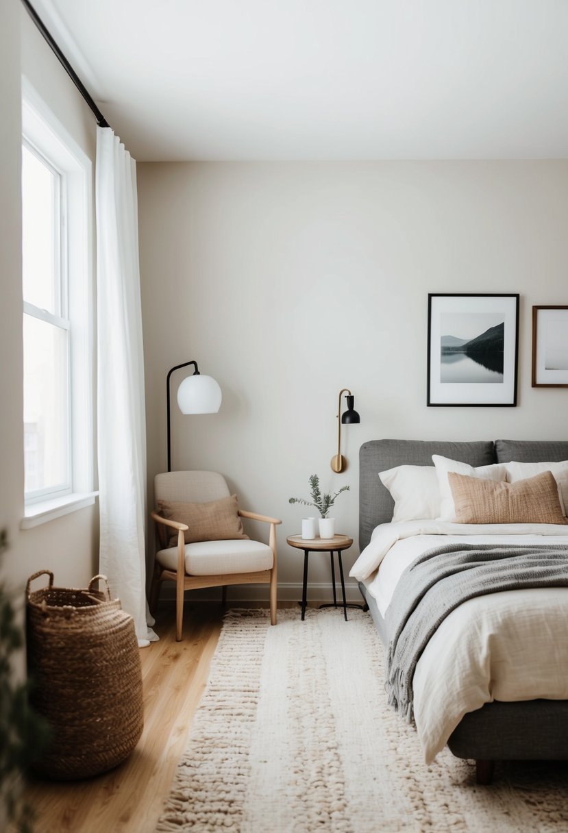 A cozy, clutter-free bedroom with a neutral color palette, simple furniture, and minimal decor