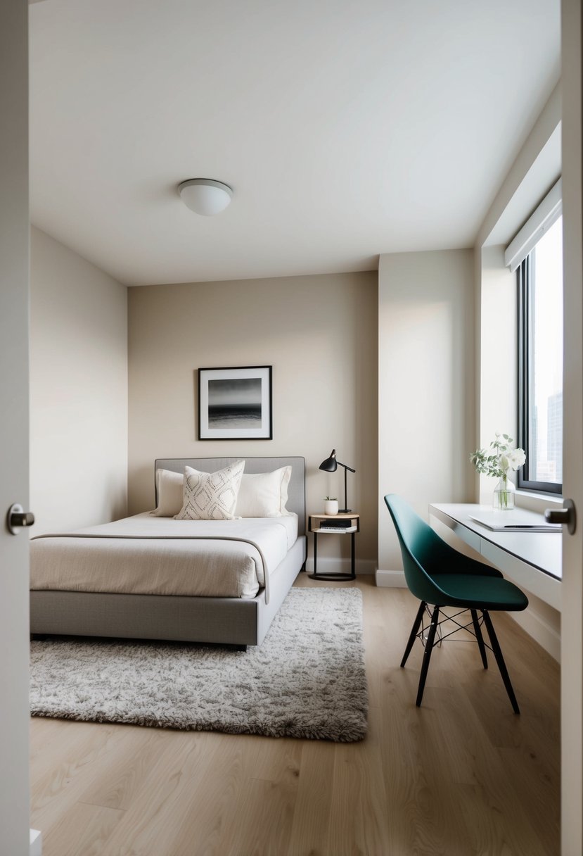 A cozy one-bedroom apartment with minimalist decor, featuring a neutral color scheme, a plush area rug, a sleek modern bed, and a small desk with a stylish chair