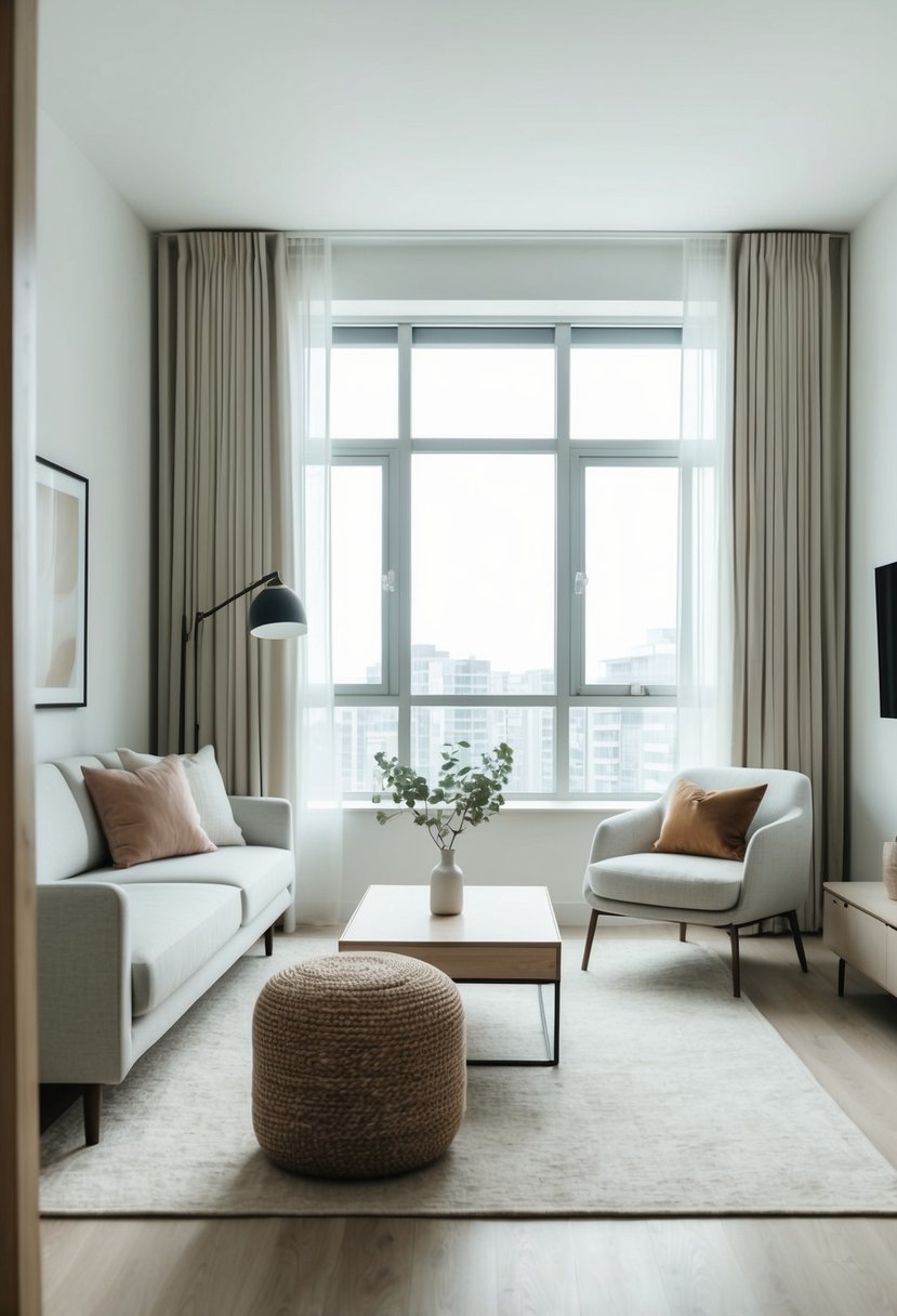 A cozy one-bedroom apartment with a minimalist decor, featuring a neutral color palette, modern furniture, and plenty of natural light streaming in through large windows