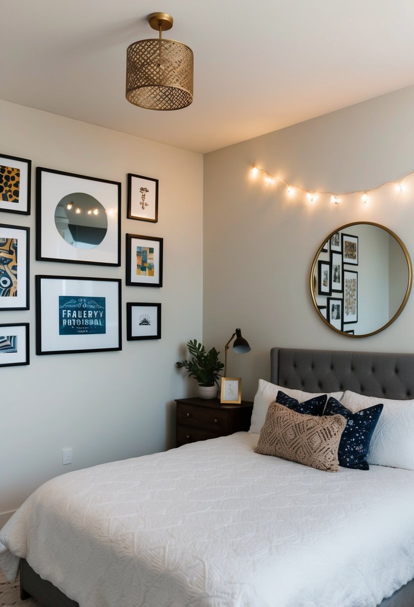 A cozy one-bedroom apartment bedroom with a gallery wall of framed art, a large decorative mirror, and a string of fairy lights above the bed