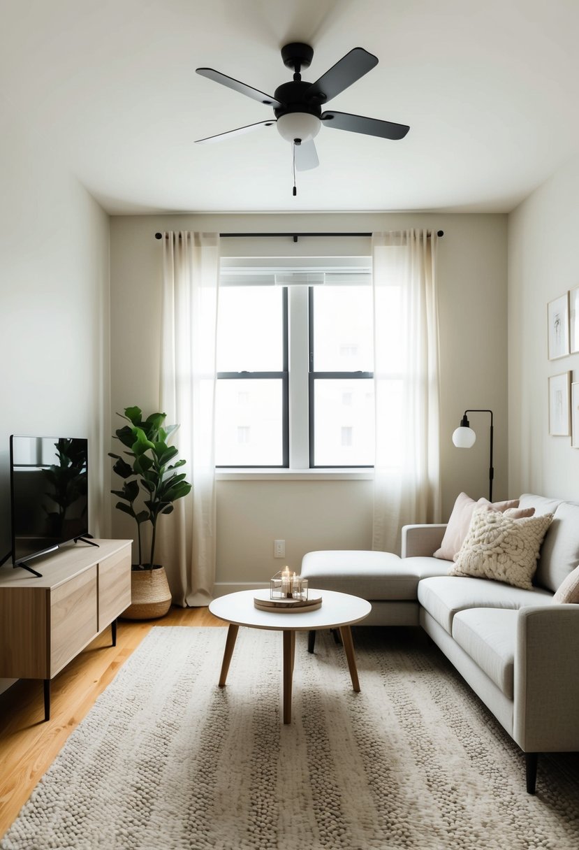 A cozy one-bedroom apartment with minimalist decor, featuring neutral tones, natural light, and a few carefully chosen decorative accents