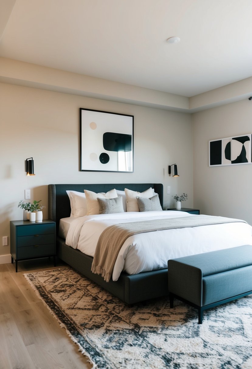 A cozy, modern bedroom with a queen-sized bed, sleek nightstands, a stylish area rug, and minimalist wall art