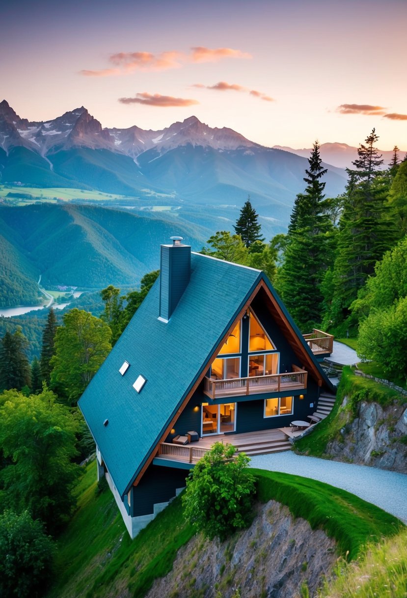15+ Stunning Slope Houses That Embrace the Landscape: Architectural Marvels in Harmony with Nature 4 A-frame house nestled on a steep slope, surrounded by lush greenery and overlooking a breathtaking landscape of mountains and valleys