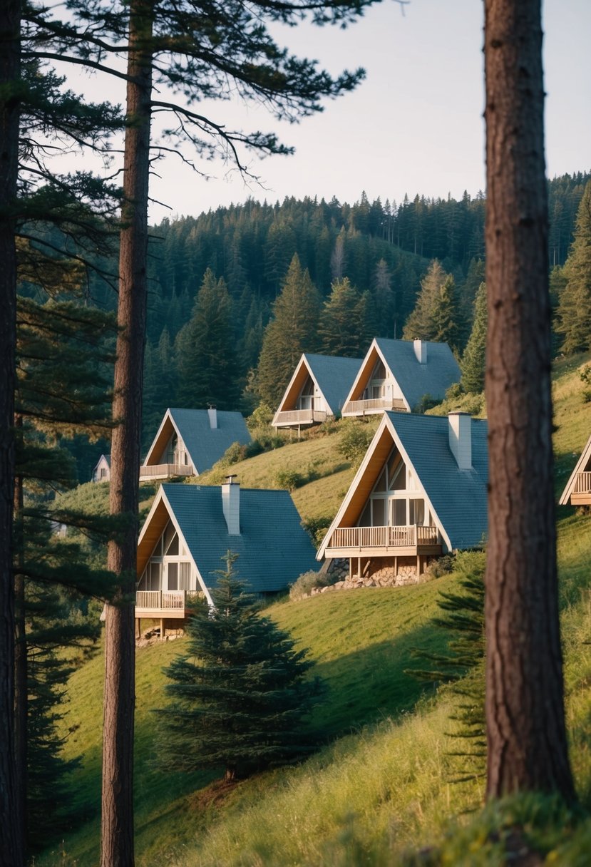15+ Stunning Slope Houses That Embrace the Landscape: Architectural Marvels in Harmony with Nature 5 Nestled in the forest, A-frame houses dot the sloping landscape, blending seamlessly with the natural surroundings. Tall trees frame the cozy dwellings, creating a serene and picturesque escape