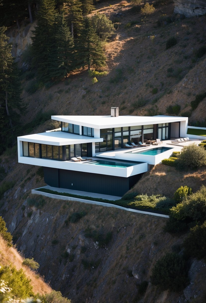 15+ Stunning Slope Houses That Embrace the Landscape: Architectural Marvels in Harmony with Nature 9 A sleek, angular house perched on a steep hillside, with large windows and a sprawling terrace, blending seamlessly into the natural landscape