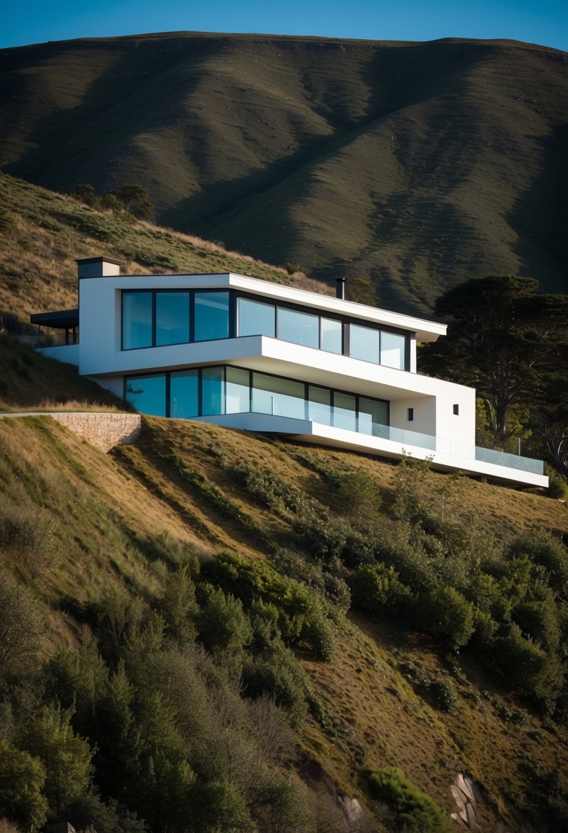 15+ Stunning Slope Houses That Embrace the Landscape: Architectural Marvels in Harmony with Nature 10 A modern slope house perches atop a steep hill, seamlessly blending into the natural landscape with large windows and sleek, angular architecture
