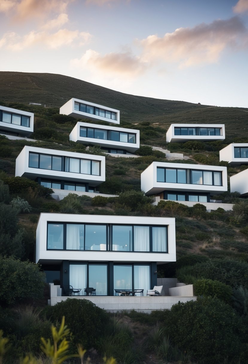 15+ Stunning Slope Houses That Embrace the Landscape: Architectural Marvels in Harmony with Nature 12 A series of sleek, angular houses nestled into the rolling hills, their large windows and open terraces blending seamlessly with the natural landscape