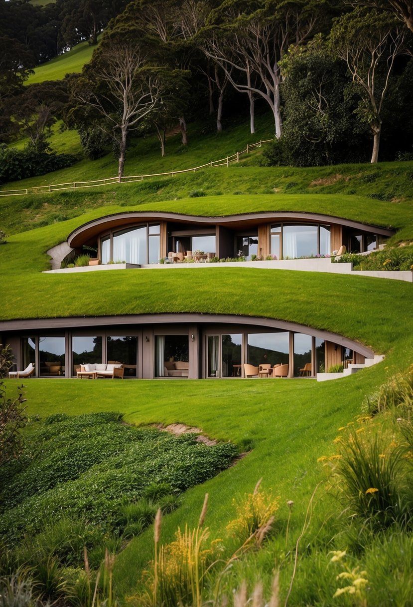 15+ Stunning Slope Houses That Embrace the Landscape: Architectural Marvels in Harmony with Nature 14 Nestled on a lush, sloping hillside, the modern hobbit's dream home features stunning, eco-friendly slope houses seamlessly integrated with the natural landscape