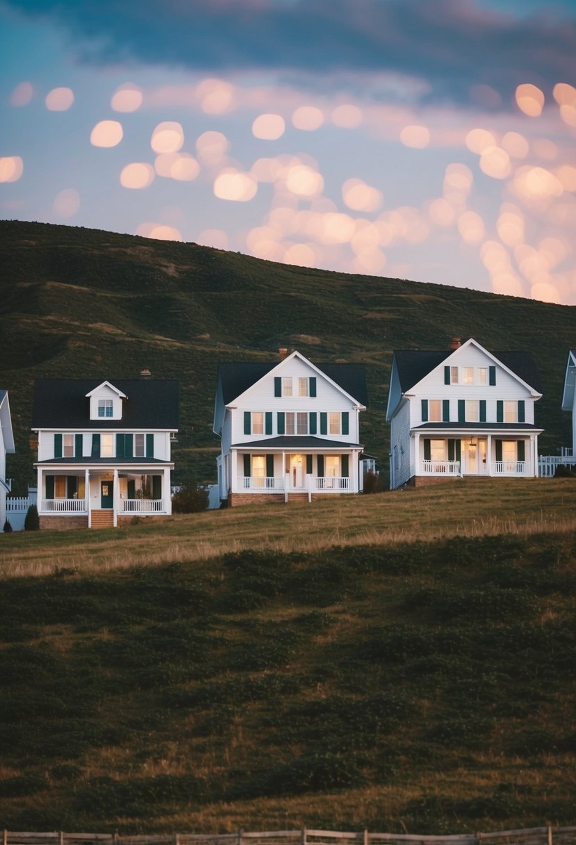 Five houses perch on a sloping landscape