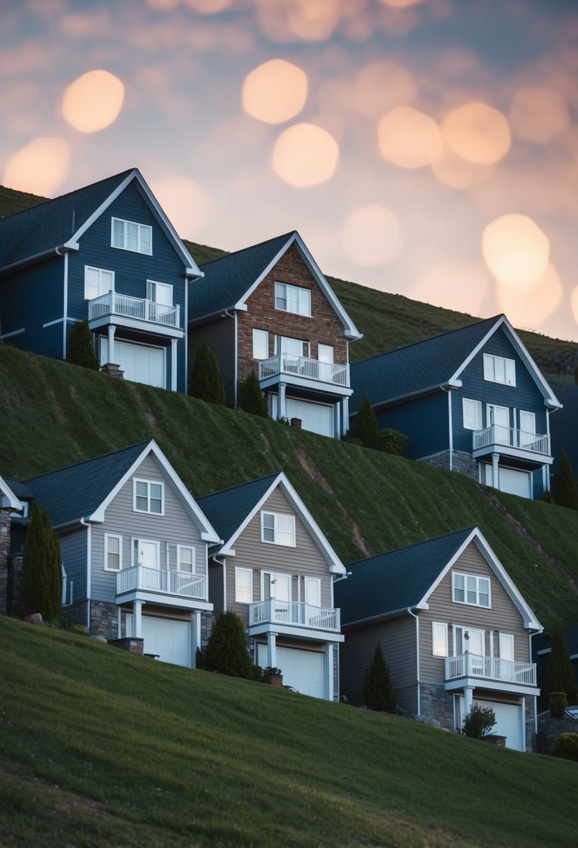Five houses arranged in terraced design on a sloping landscape. Each house is slightly elevated from the next, creating a cascading effect