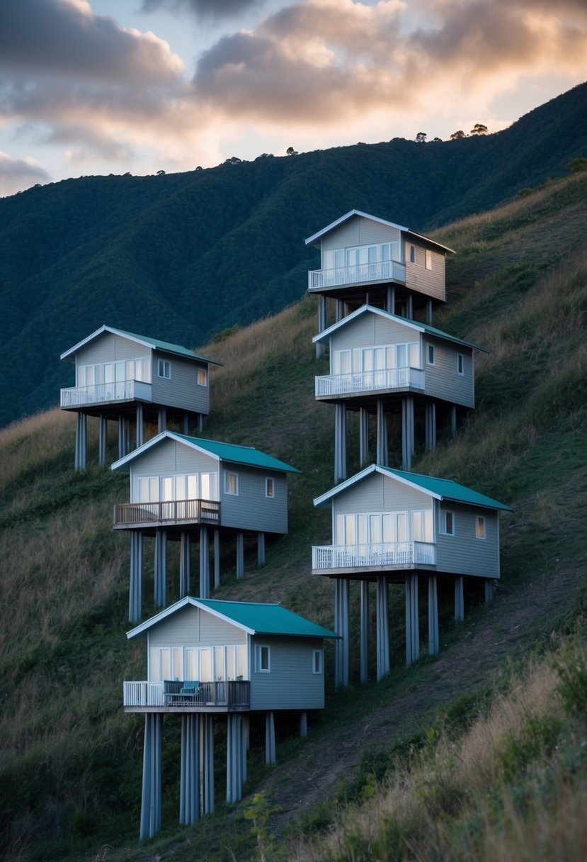 Five stilt houses perched on a sloped landscape, with each house elevated on tall stilts to accommodate the uneven terrain