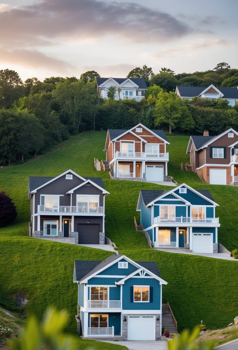 Five split-level houses nestled on a sloped landscape, each with its own unique design and color scheme. The houses are surrounded by lush greenery and have a picturesque view of the surrounding area