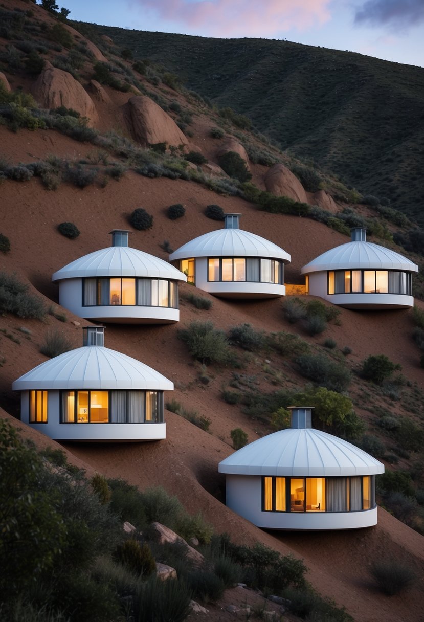 Five earth-sheltered homes nestled into a sloped landscape, blending seamlessly with the natural surroundings
