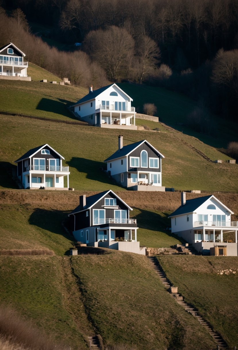 Five houses nestled on a sloped landscape, each with its own unique foundation and design to accommodate the challenging terrain