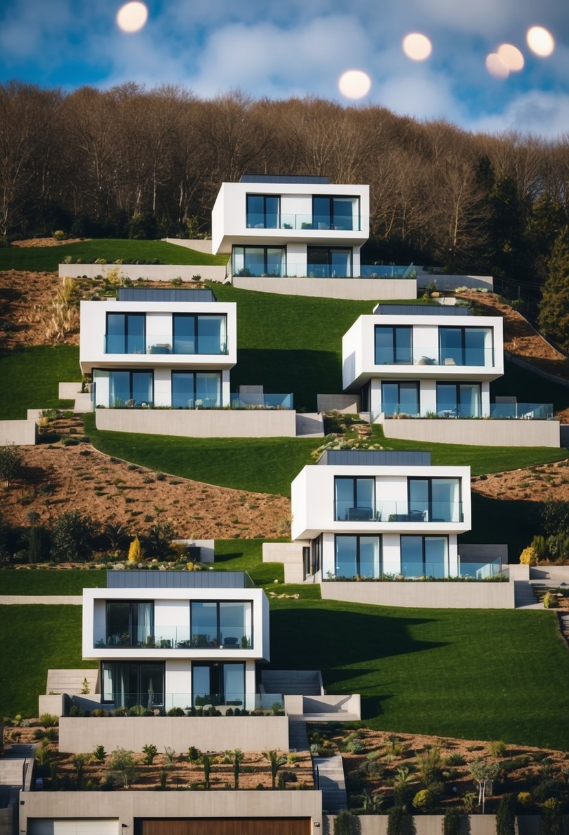 Five modern houses built on a sloped terrain, with varying elevations and terraced landscaping
