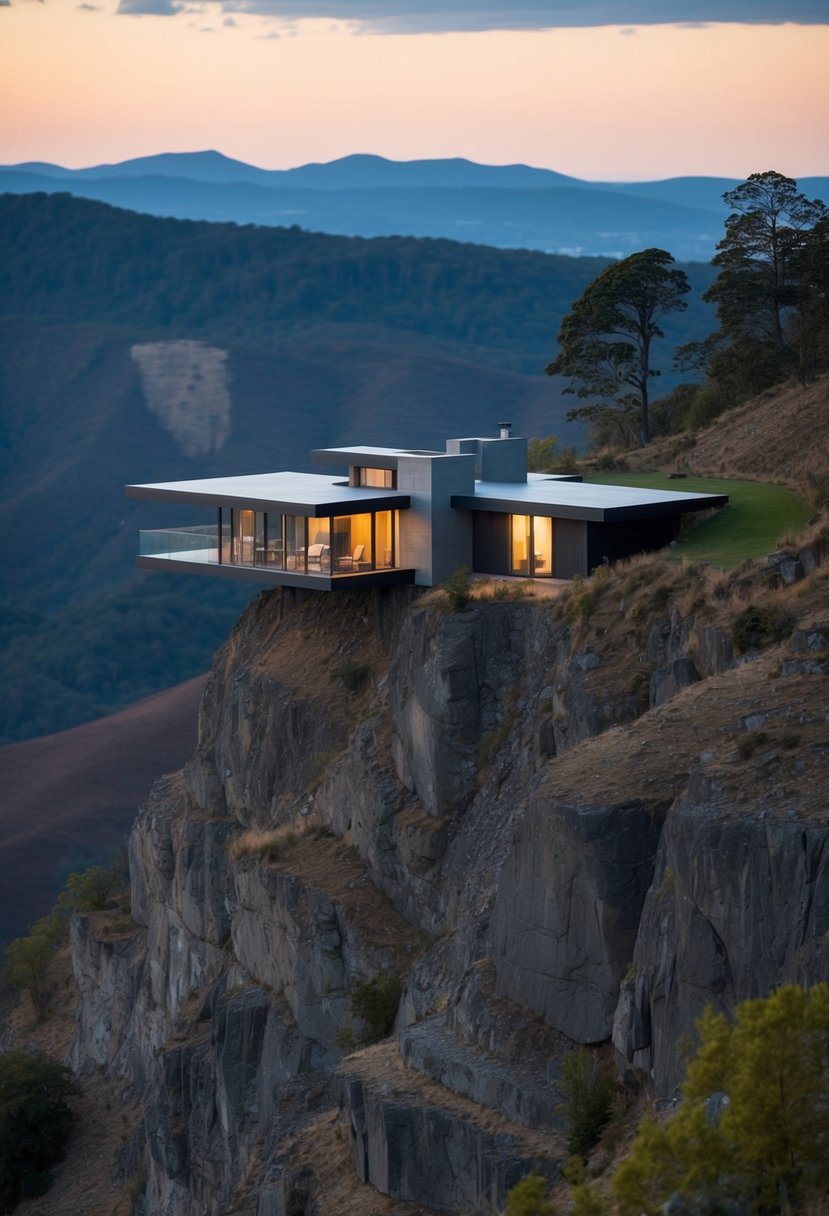 A modern, cantilevered house perched on a steep, rugged hillside with panoramic views of the surrounding landscape