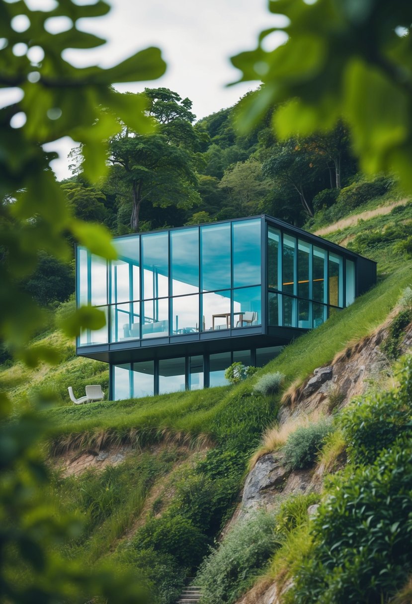 A modern glass-walled retreat perched on a steep slope, surrounded by lush greenery and offering panoramic views of the surrounding landscape
