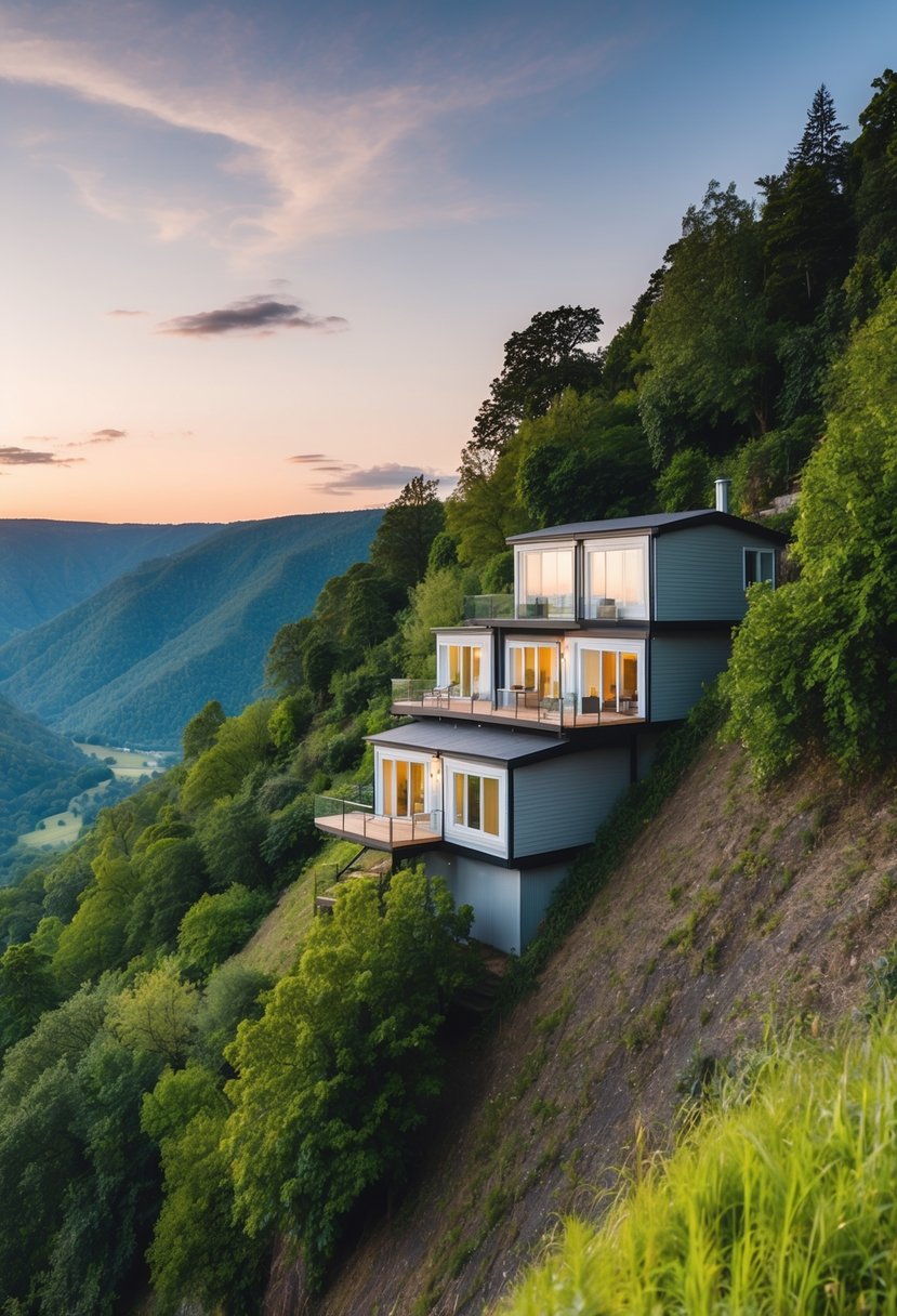 A tiered modular home perched on a steep slope, surrounded by lush greenery and overlooking a breathtaking view of the valley below