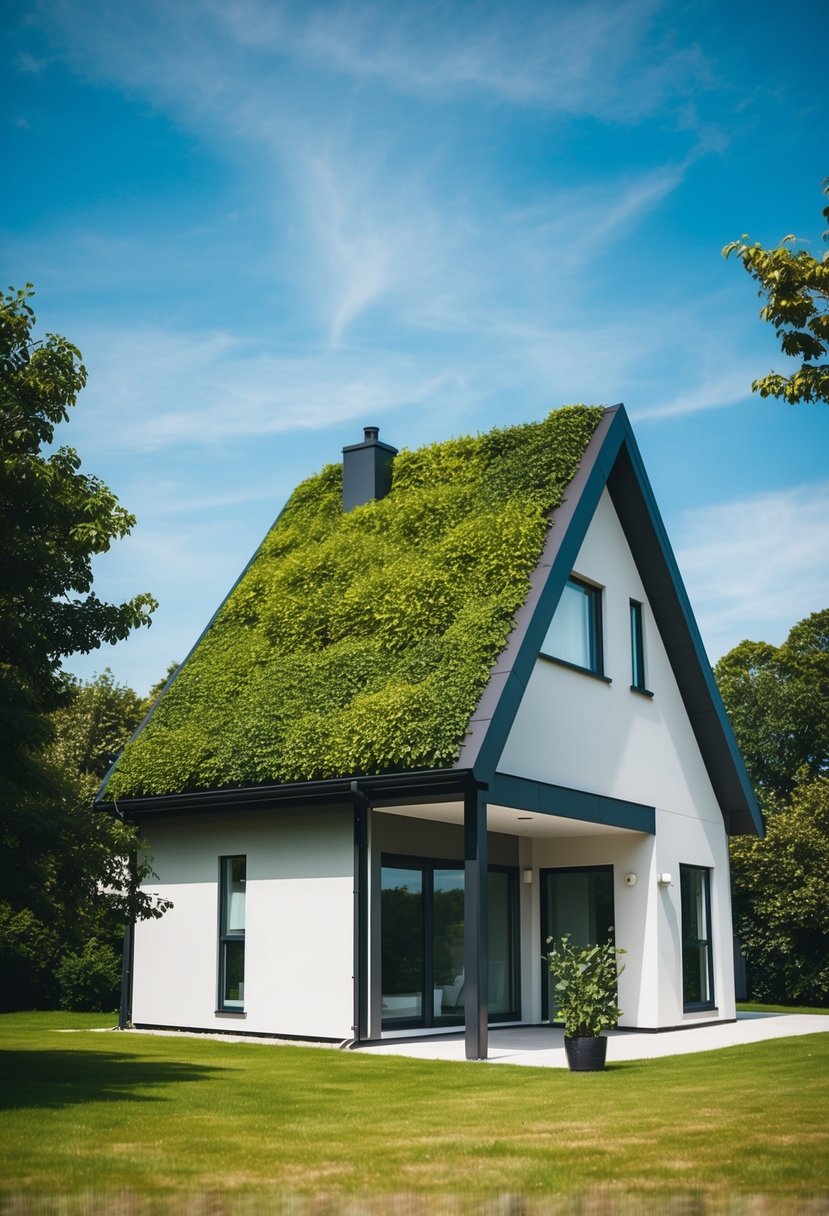 A modern house with a steeply sloped roof covered in lush greenery, surrounded by trees and a clear blue sky